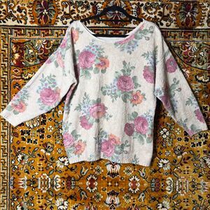 90s VTG Rose Floral Knit Sweater Long Sleeve Soft Oversized L/XL Romantic Y2K